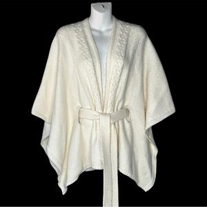 Cream Cable-Trim Knit Wrap Sweater with Belt